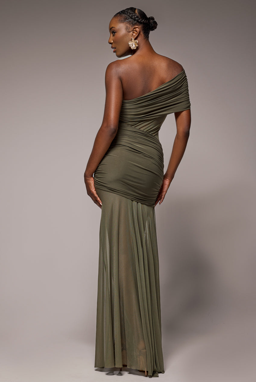 Gathered One Shoulder Sheer Panel Maxi Dress - Khaki Green DR4828
