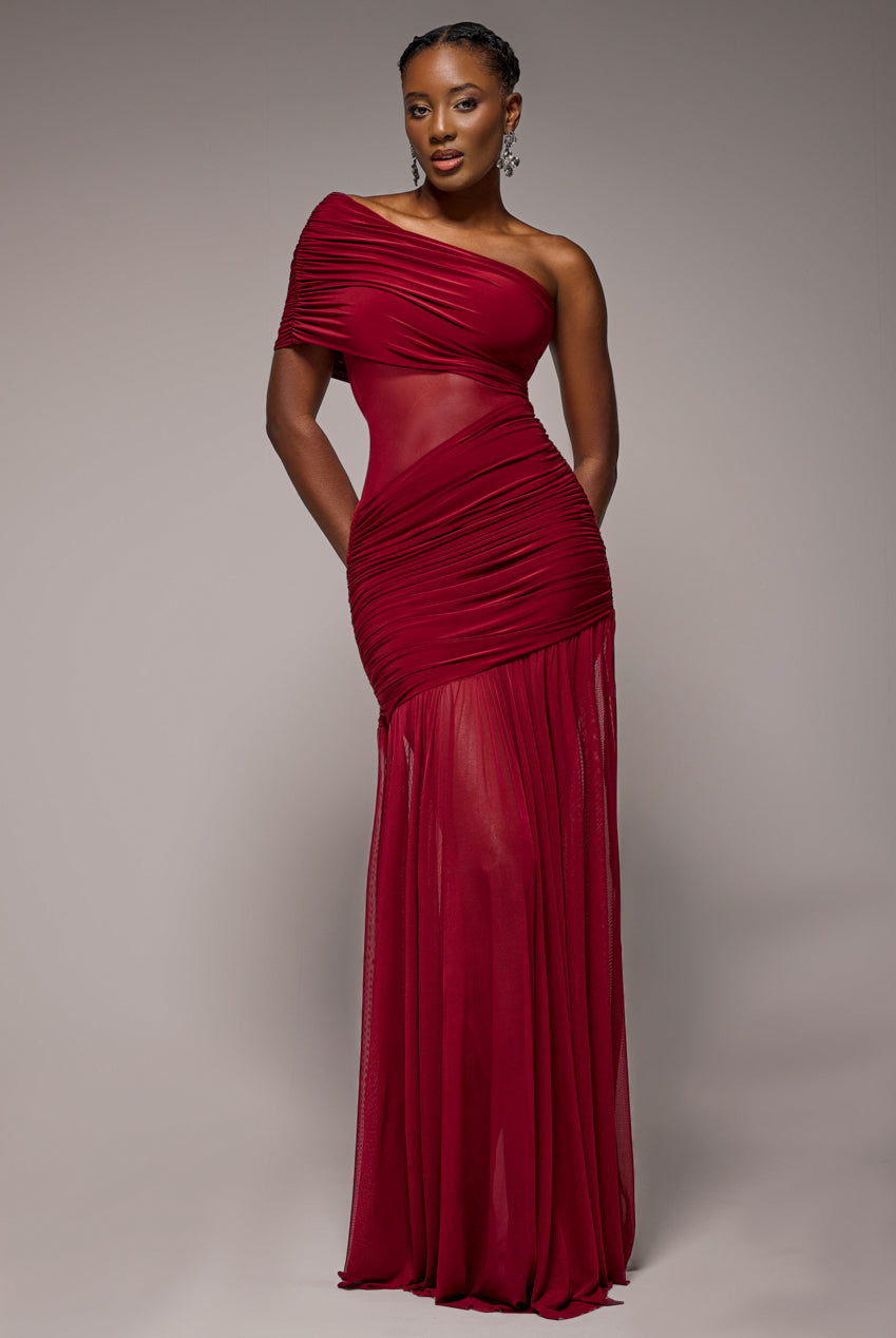 Gathered One Shoulder Sheer Panel Maxi Dress - Wine DR4828