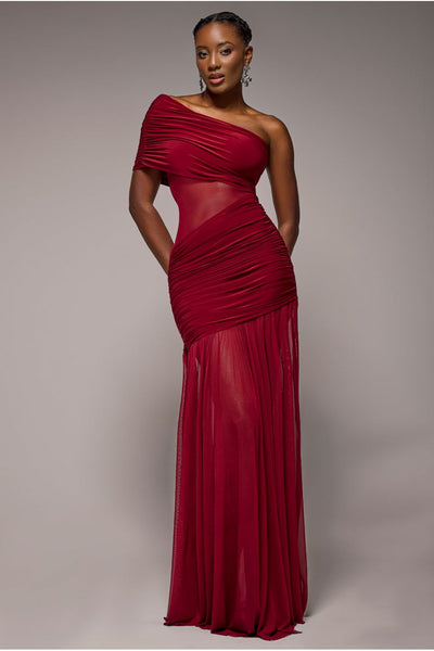 Wine - Gathered One Shoulder Sheer Panel Maxi Dress - Wine by Goddiva