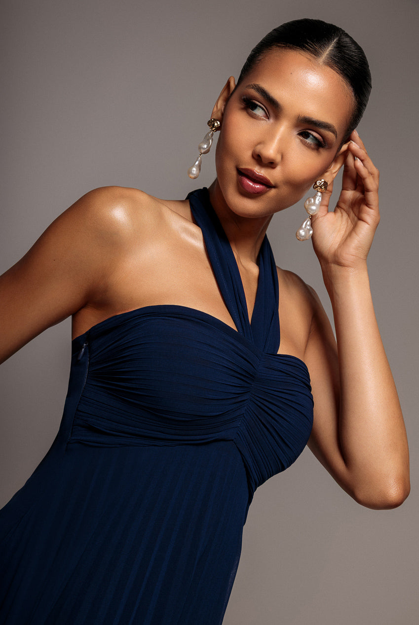 Sleeveless Pleated Chiffon Multiway Scarf Maxi Dress - Navy Blue DR4829