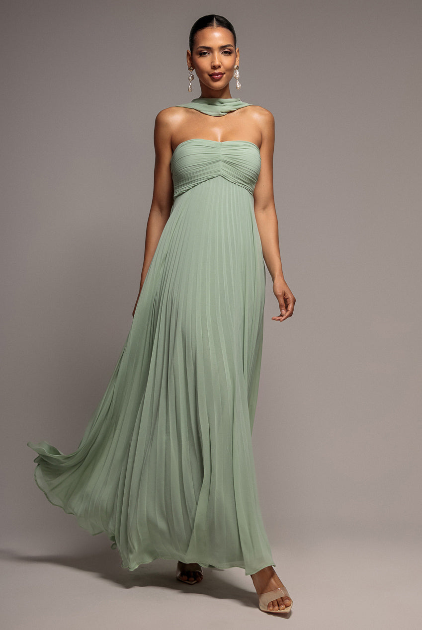 Sleeveless Pleated Chiffon Multiway Scarf Maxi Dress - Sage Green DR4829