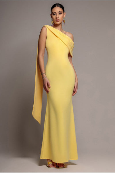 Sash One Shoulder Bardot Maxi Dress - Butter Yellow by Goddiva