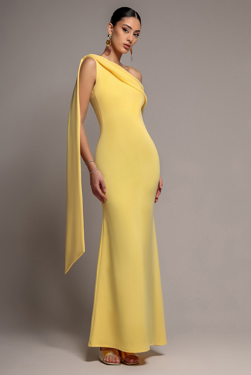 Sash One Shoulder Bardot Maxi Dress - Butter Yellow DR4830