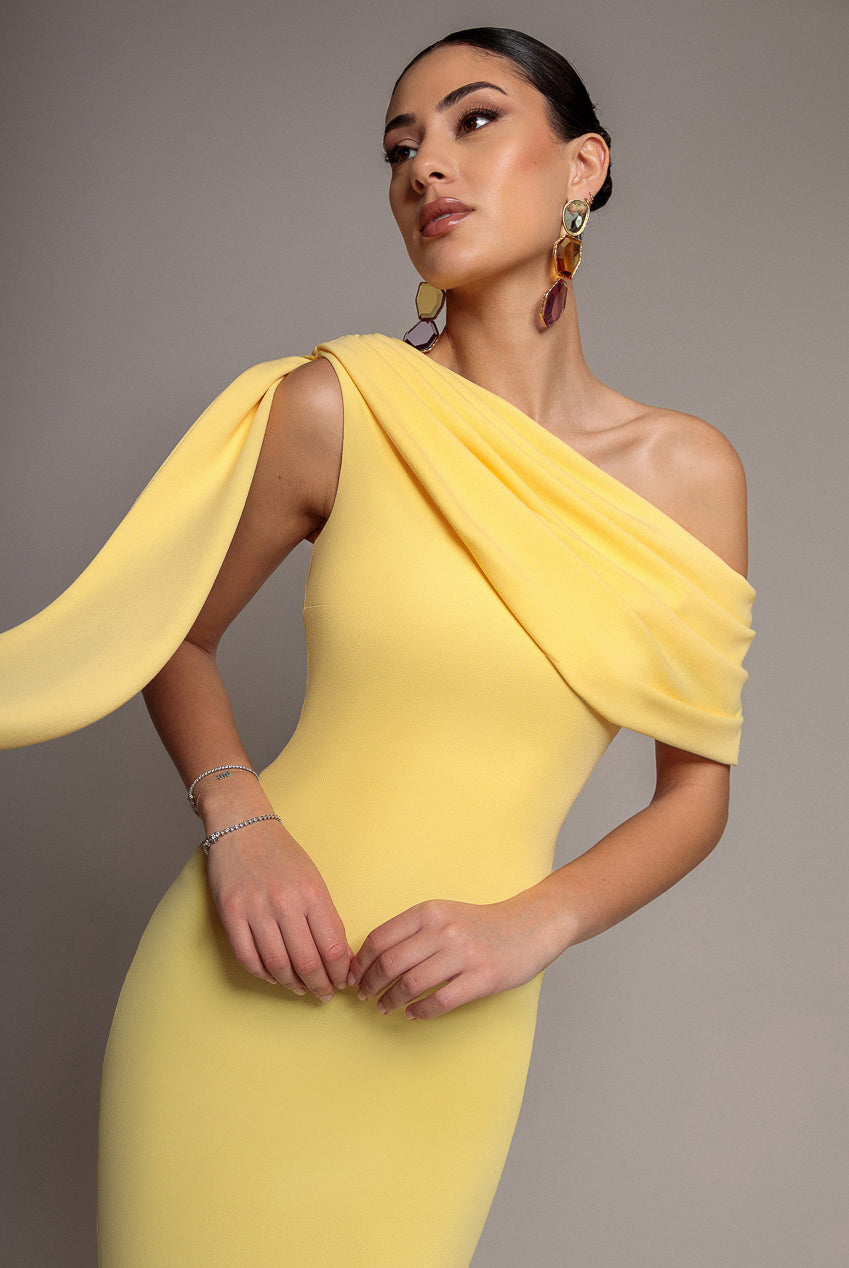 Sash One Shoulder Bardot Maxi Dress - Butter Yellow DR4830
