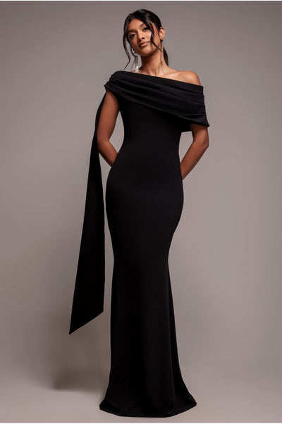 Sash One Shoulder Bardot Maxi Dress - Black