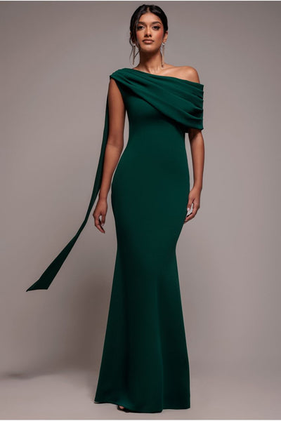 Emerald Green - Sash One Shoulder Bardot Maxi Dress - Emerald Green by Goddiva