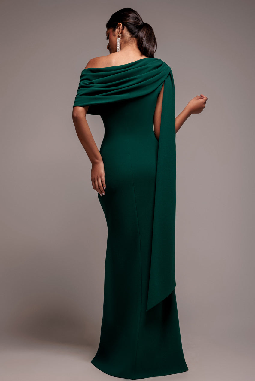 Sash One Shoulder Bardot Maxi Dress - Emerald Green DR4830