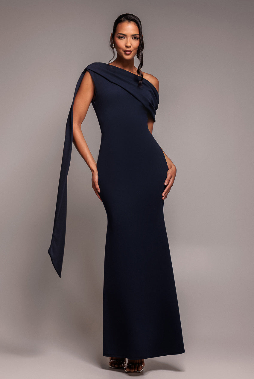 Sash One Shoulder Bardot Maxi Dress - Navy Blue DR4830
