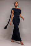 Sash One Shoulder Bardot Maxi Dress - Navy Blue | Goddiva Sash One Shoulder Bardot Maxi Dress - Navy Blue | Goddiva