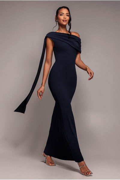 Sash One Shoulder Bardot Maxi Dress - Navy Blue by Goddiva