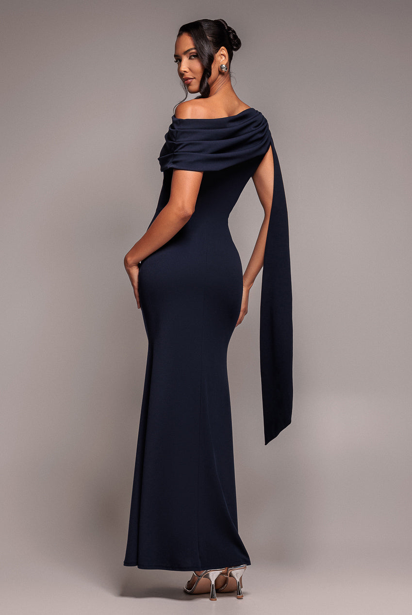 Sash One Shoulder Bardot Maxi Dress - Navy Blue DR4830