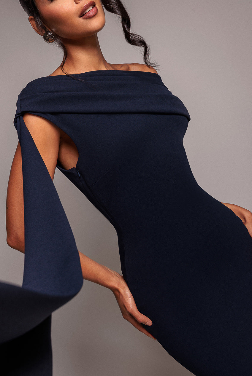 Sash One Shoulder Bardot Maxi Dress - Navy Blue DR4830