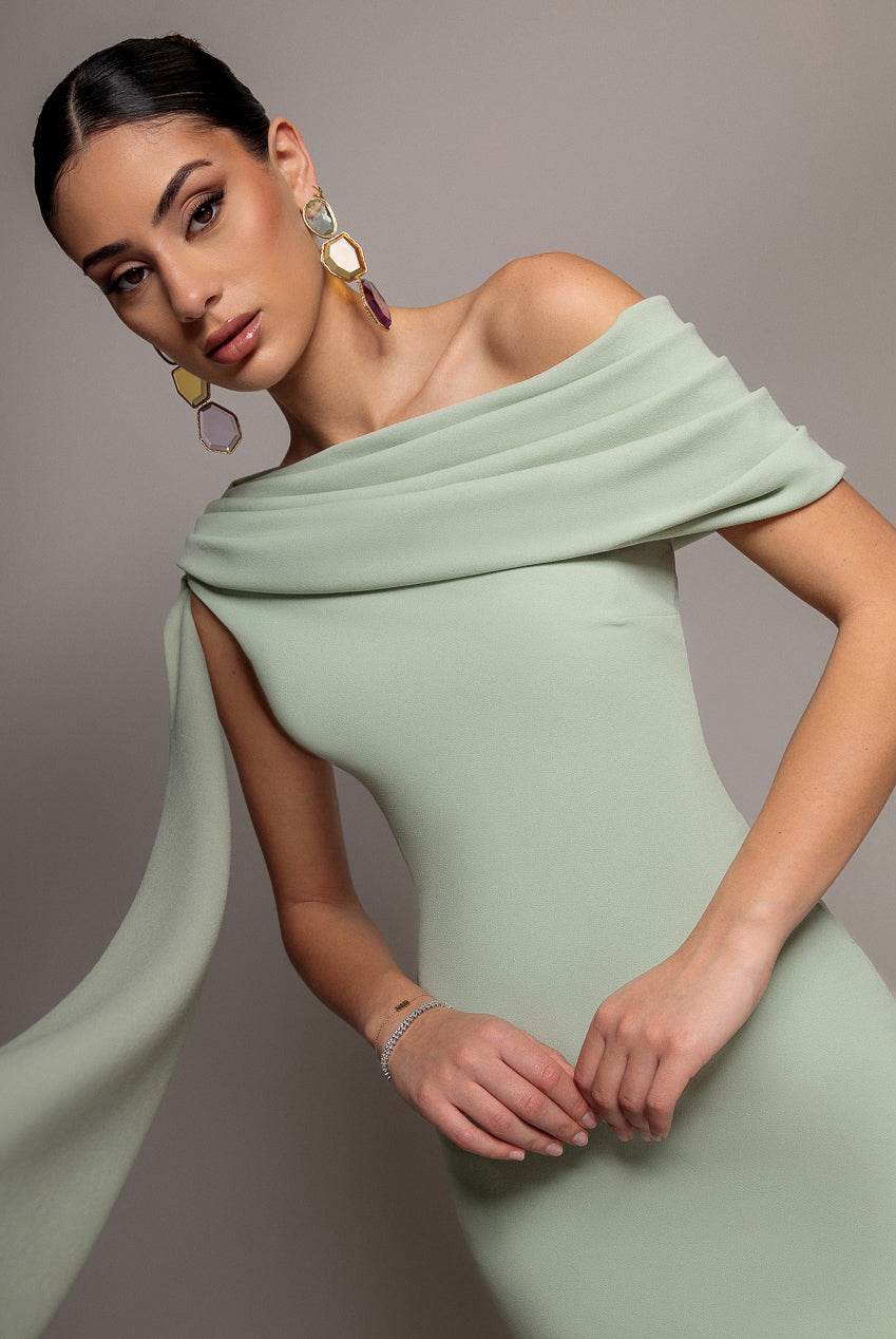 Sash One Shoulder Bardot Maxi Dress - Sage Green DR4830