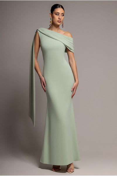Sash One Shoulder Bardot Maxi Dress - Sage Green by Goddiva