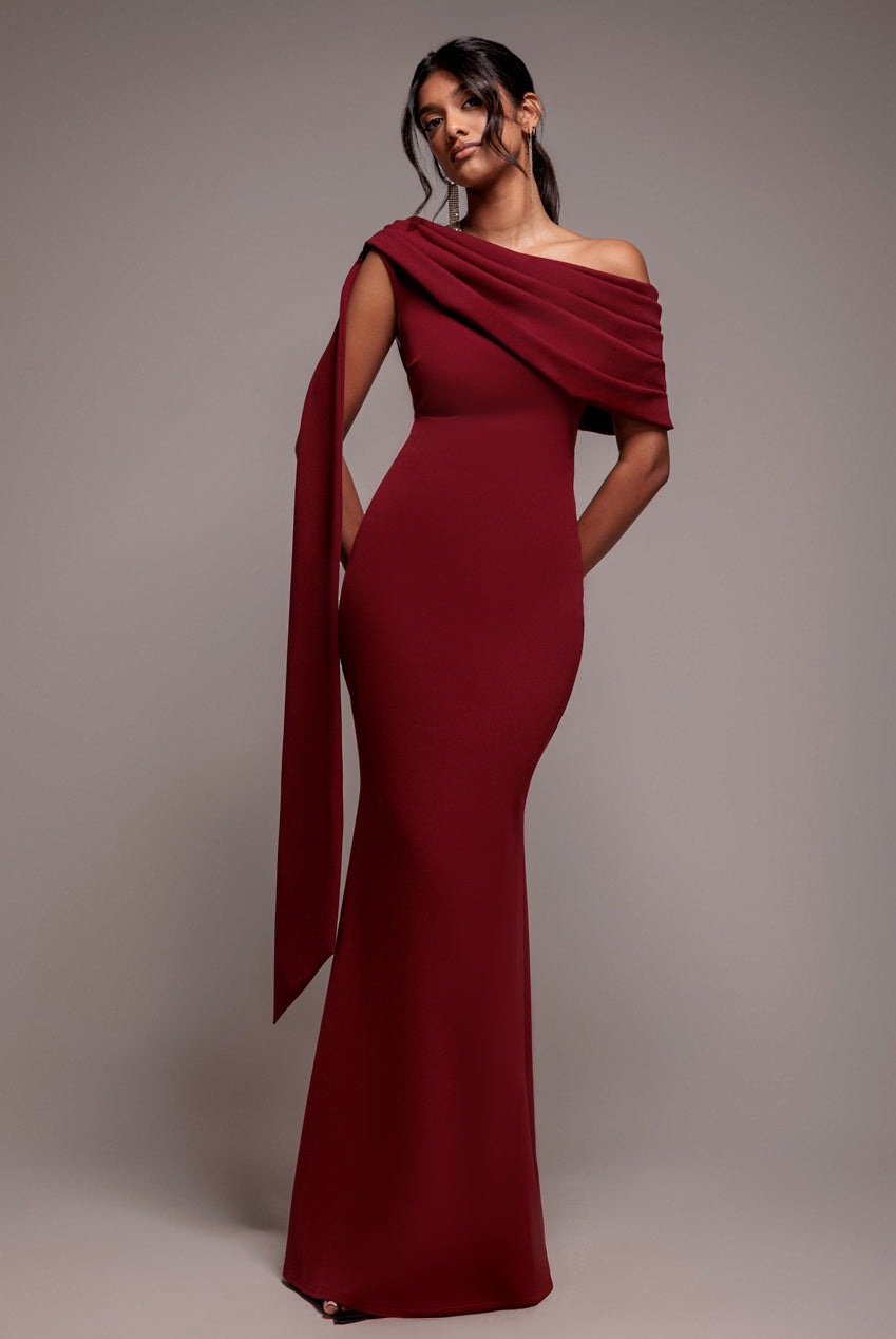 Sash One Shoulder Bardot Maxi Dress - Wine DR4830