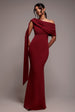 Sash One Shoulder Bardot Maxi Dress - Wine by Goddiva