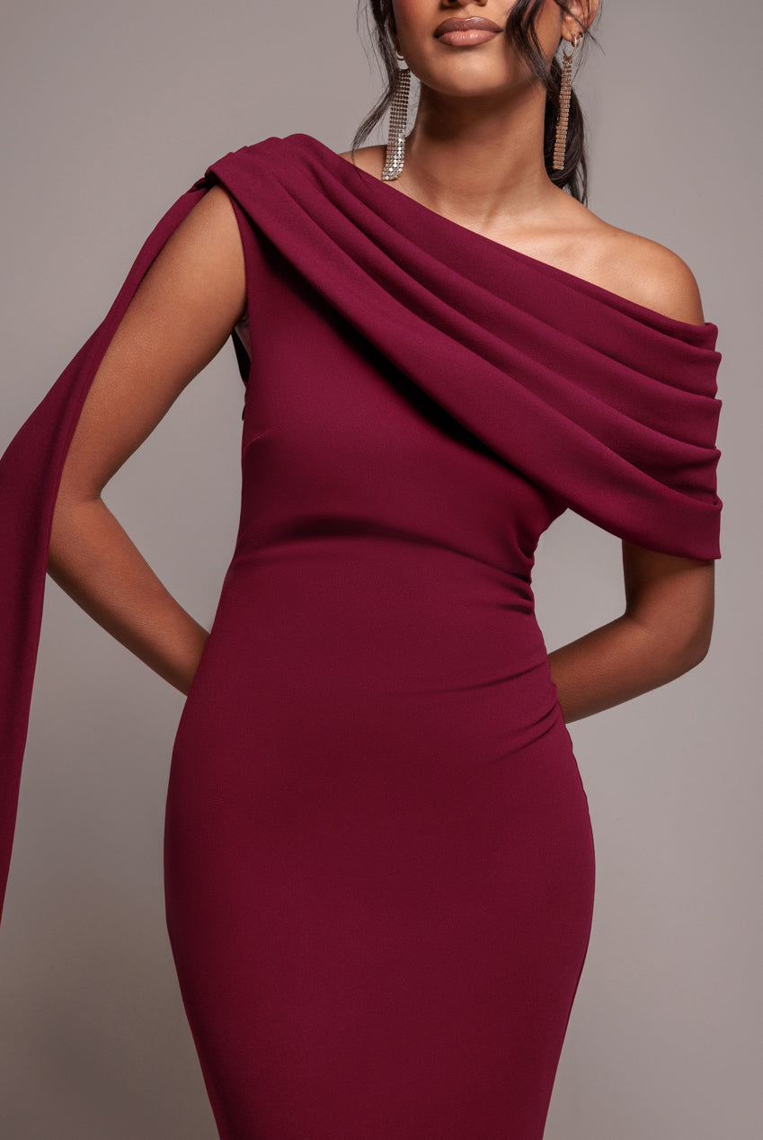 Sash One Shoulder Bardot Maxi Dress  - Burgundy DR4830