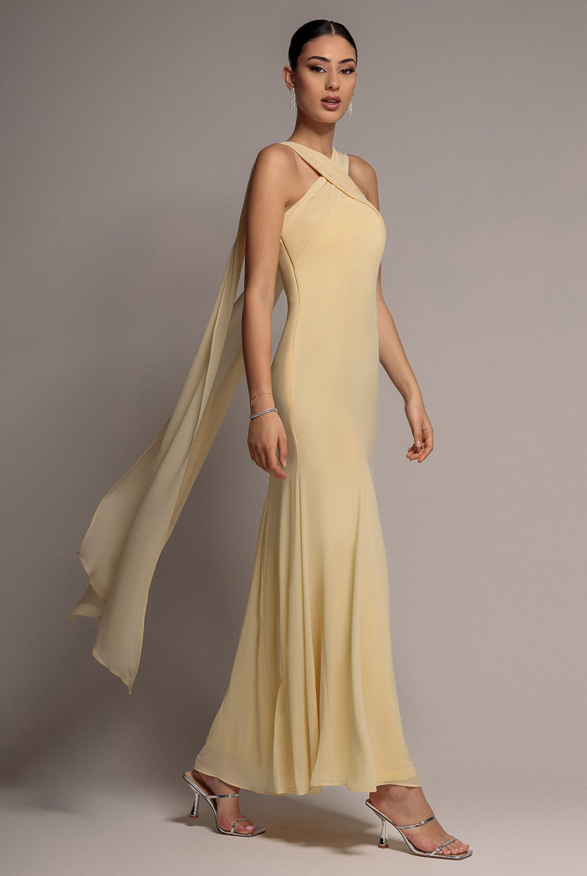 Cross Front Scarf Back Chiffon Mermaid Maxi Dress - Butter Yellow DR4831
