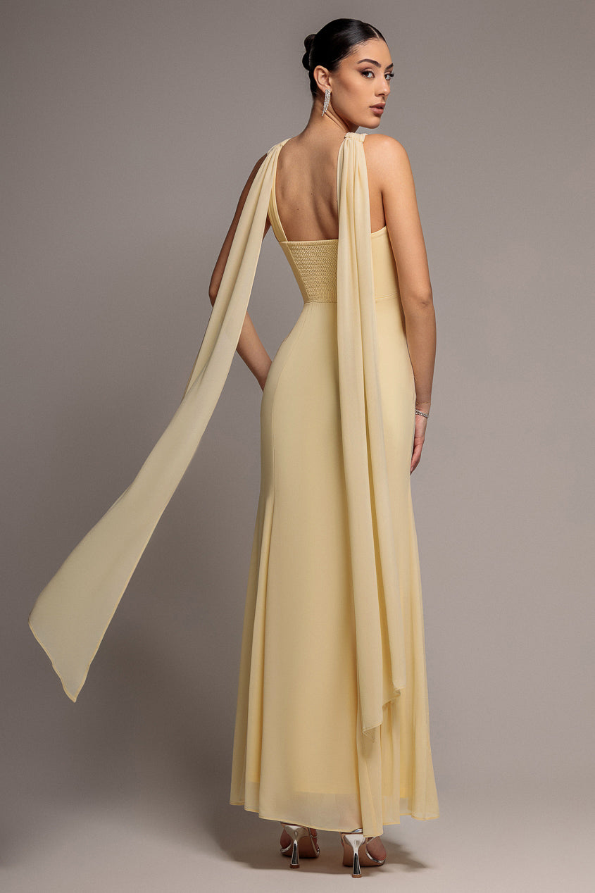 Cross Front Scarf Back Chiffon Mermaid Maxi Dress - Butter Yellow DR4831