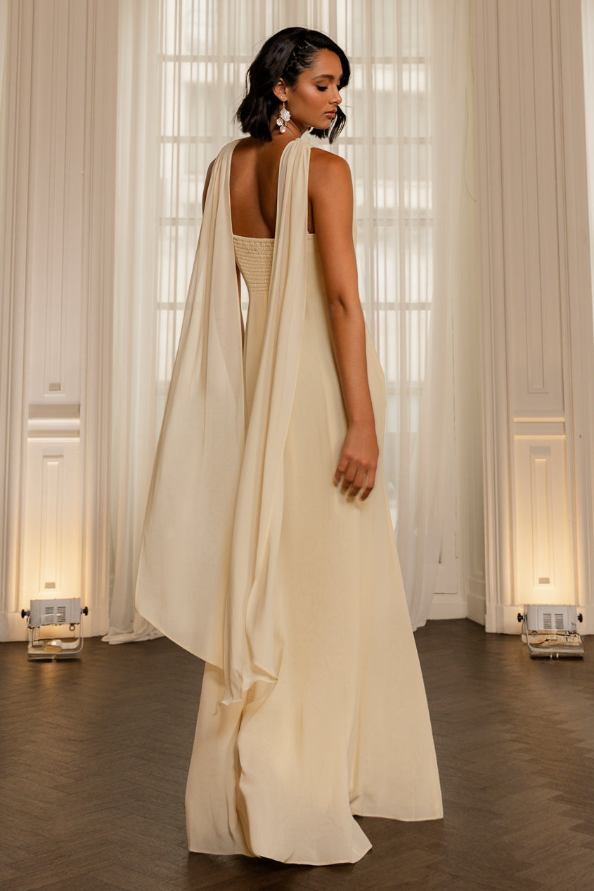 Cross Front Scarf Back Chiffon Mermaid Maxi Dress - Butter Yellow DR4831