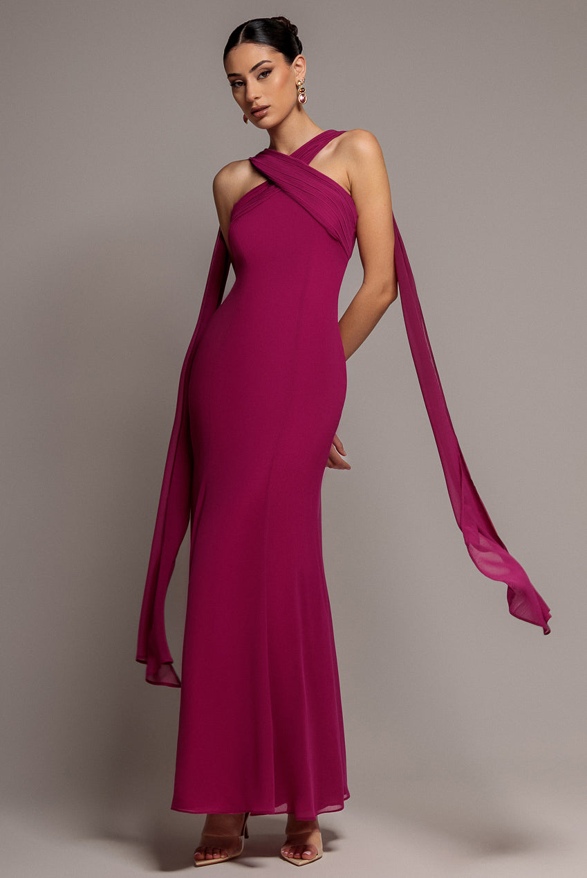 Cross Front Scarf Back Chiffon Mermaid Maxi Dress - Magenta DR4831
