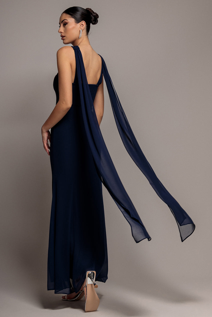 Cross Front Scarf Back Chiffon Mermaid Maxi Dress - Navy Blue