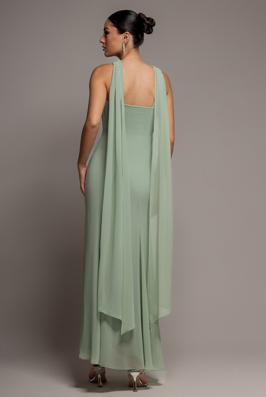 Cross Front Scarf Back Chiffon Mermaid Maxi Dress - Sage Green DR4831