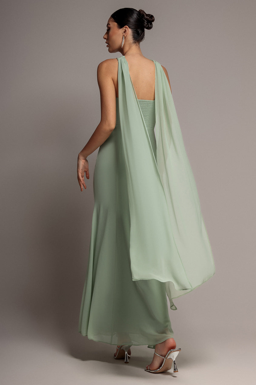 Cross Front Scarf Back Chiffon Mermaid Maxi Dress - Sage Green | Goddiva