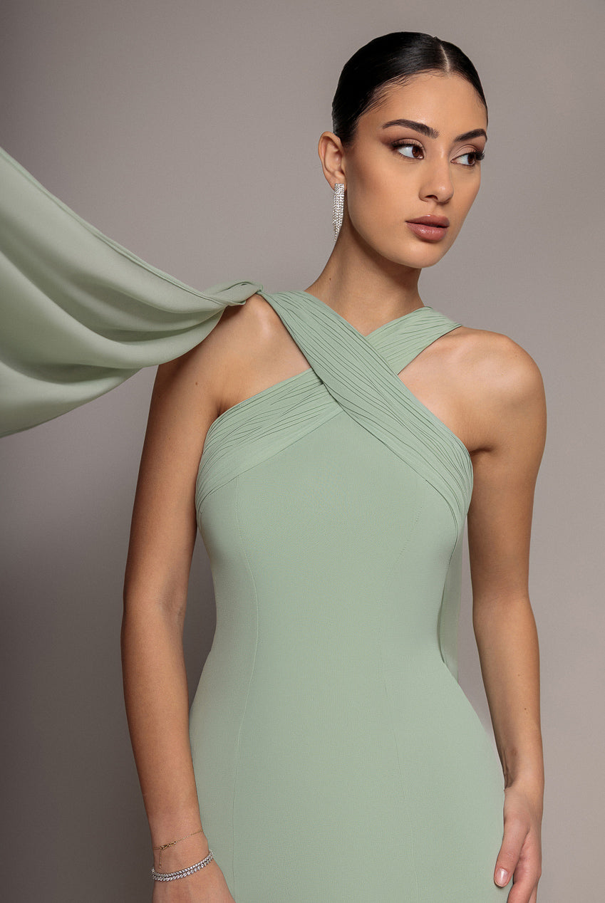 Cross Front Scarf Back Chiffon Mermaid Maxi Dress - Sage Green