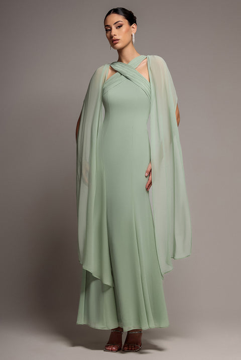 Cross Front Scarf Back Chiffon Mermaid Maxi Dress - Sage Green by Goddiva