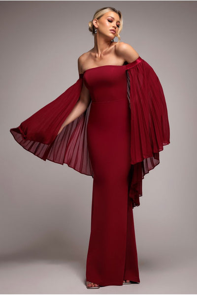 Strapless Maxi Dress With Pleated Chiffon Cape - Burgundy by Goddiva