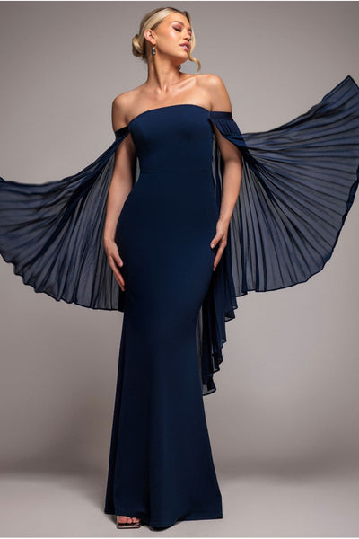 Navy Blue - Strapless Maxi Dress With Pleated Chiffon Cape - Navy Blue by Goddiva