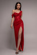 Cowl Neck Glitter Draped Maxi Dress - Red by Goddiva