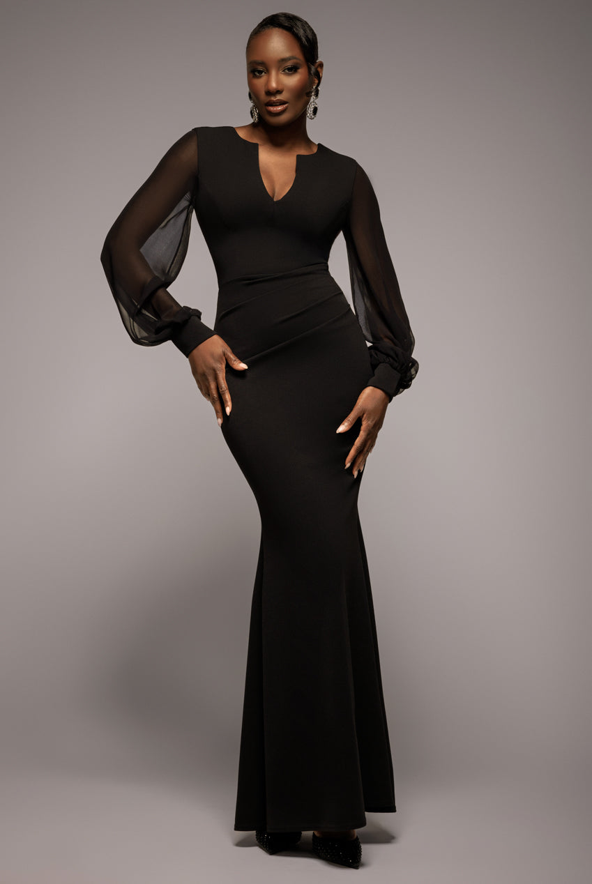Chiffon Cuffed Balloon Sleeve Scuba Maxi Dress - Black DR4840