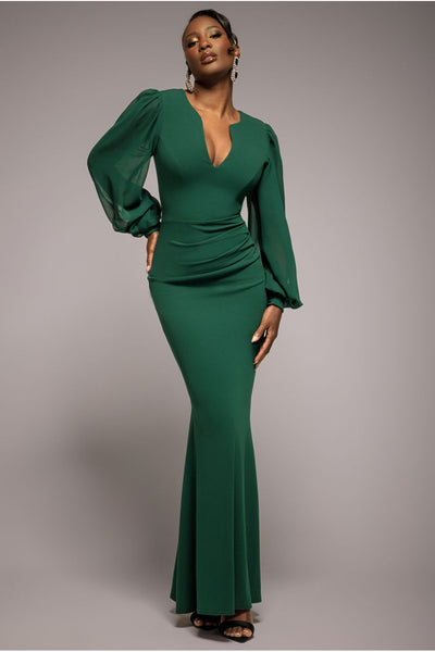 Emerald Green - Chiffon Cuffed Balloon Sleeve Scuba Maxi Dress - Emerald Green by Goddiva