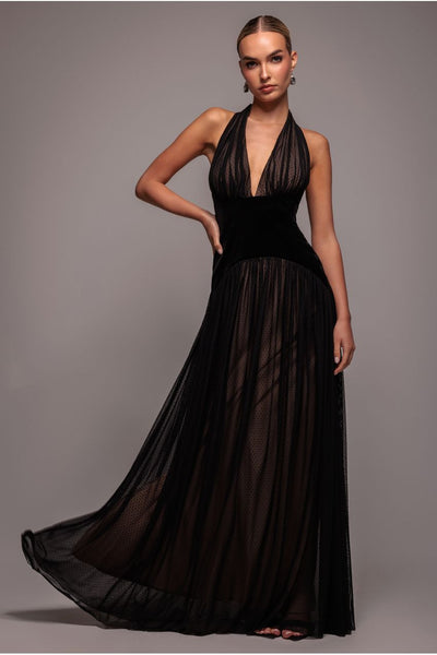 Black - Velvet And Dobby Mesh A Line Halter Maxi Dress - Black by Goddiva