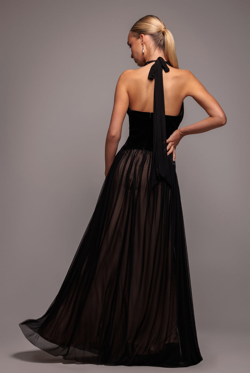 Velvet And Dobby Mesh A Line Halter Maxi Dress - Black DR4842