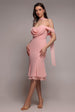 Chiffon Cowl Off Shoulder Wing Tiered Midi Dress - Blush Pink by Goddiva