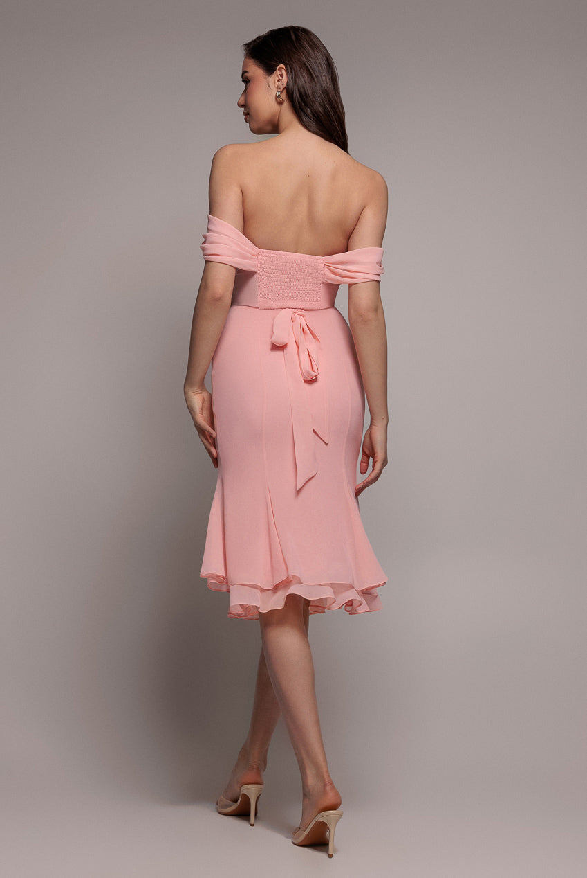 Chiffon Cowl Off Shoulder Wing Tiered Midi Dress - Blush Pink DR4843