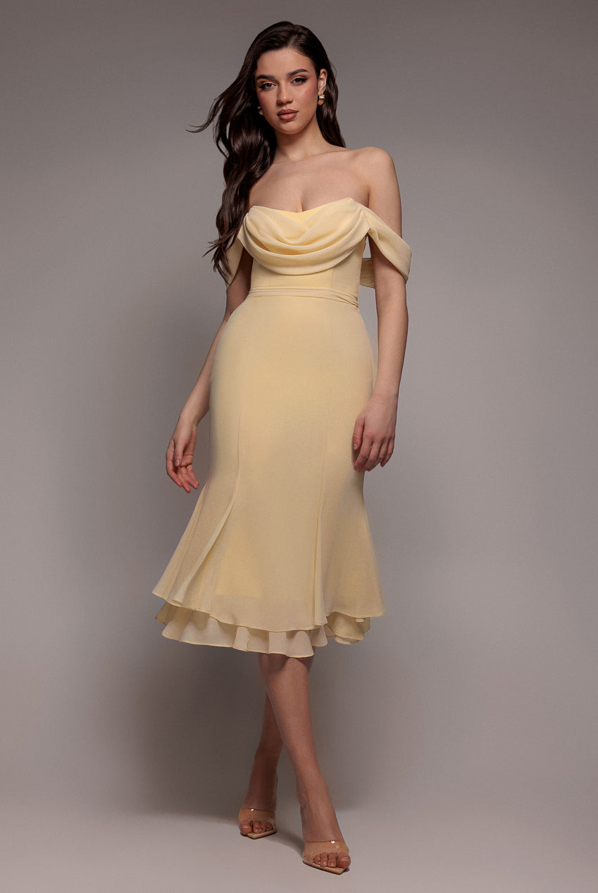 Chiffon Cowl Off Shoulder Wing Tiered Midi Dress - Butter Yellow DR4843