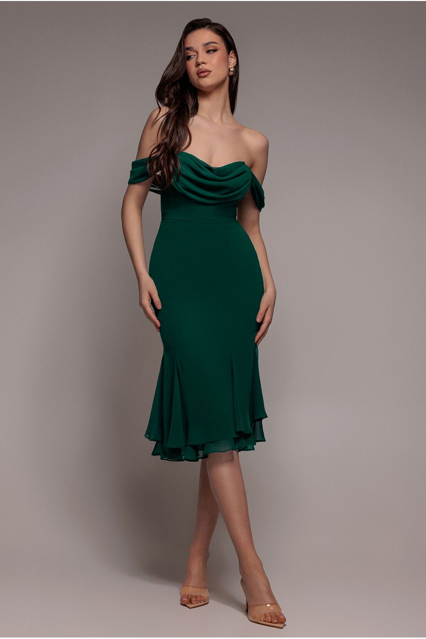 Chiffon Cowl Off Shoulder Wing Tiered Midi Dress - Emerald Green | Goddiva Chiffon Cowl Off Shoulder Wing Tiered Midi Dress - Emerald Green | Goddiva
