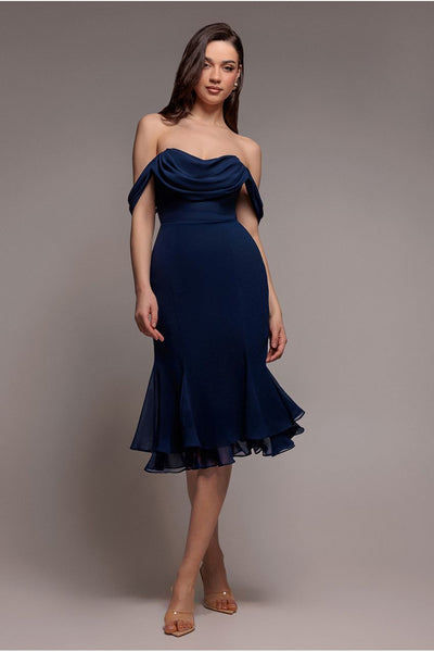 Chiffon Cowl Off Shoulder Wing Tiered Midi Dress - Navy Blue by Goddiva