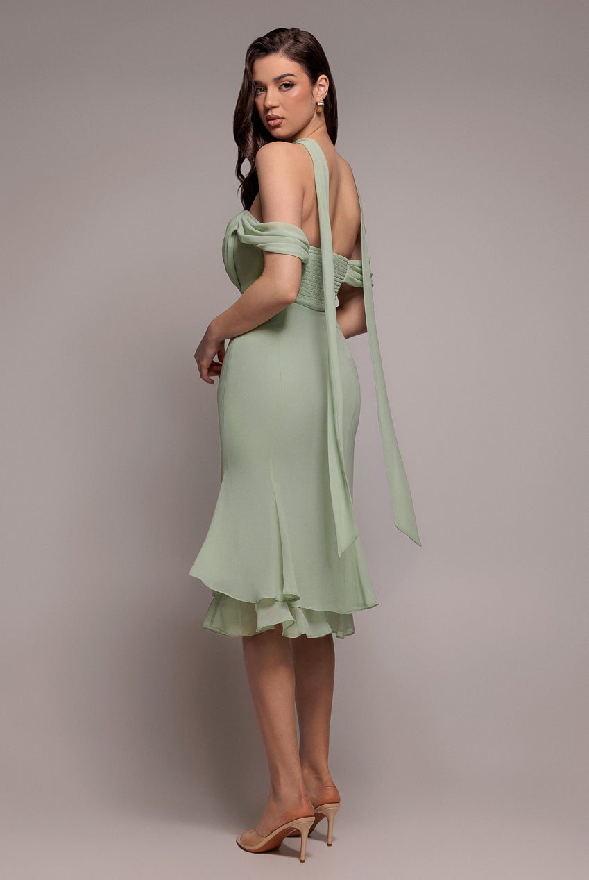 Chiffon Cowl Off Shoulder Wing Tiered Midi Dress - Sage Green DR4843