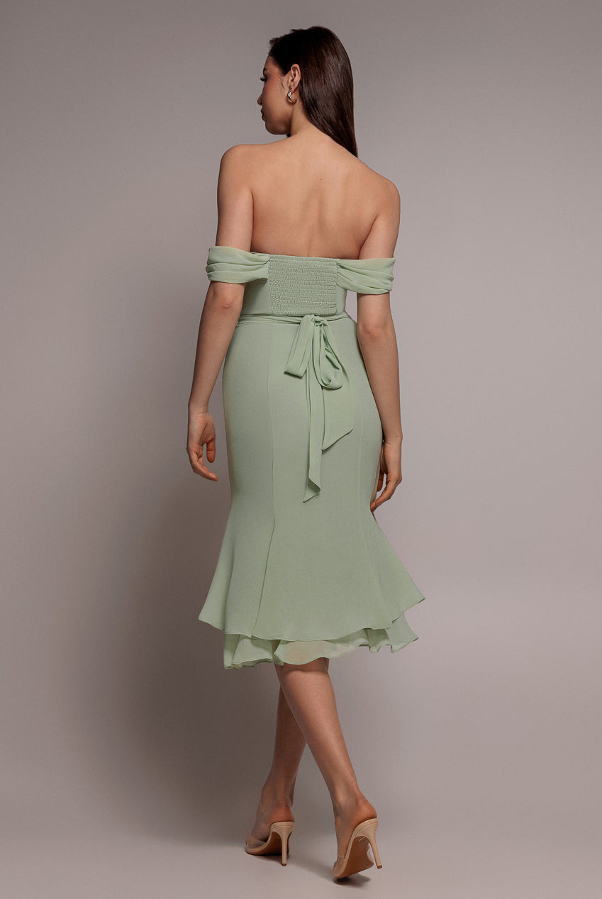Chiffon Cowl Off Shoulder Wing Tiered Midi Dress - Sage Green DR4843