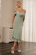 Chiffon Cowl Off Shoulder Wing Tiered Midi Dress - Sage Green by Goddiva
