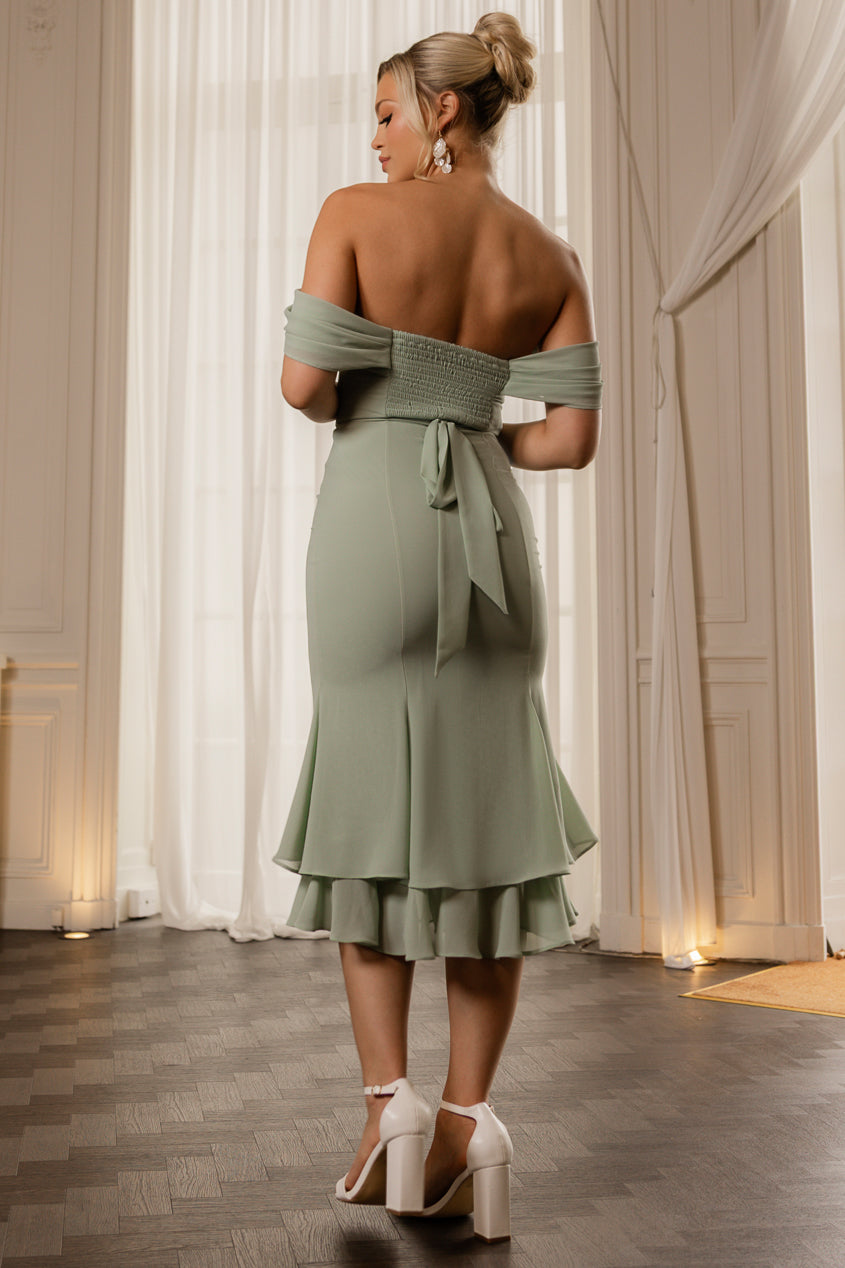 Chiffon Cowl Off Shoulder Wing Tiered Midi Dress - Sage Green DR4843