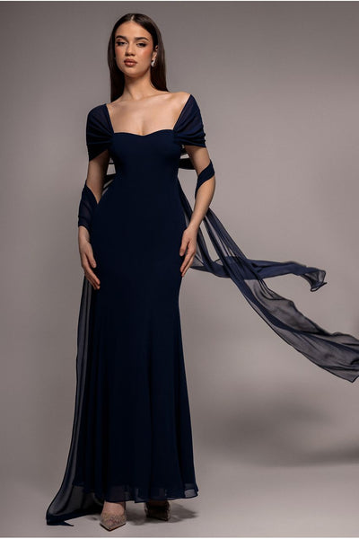 Navy - Multiway Cape Chiffon Sweetheart Maxi Dress - Navy Blue by Goddiva