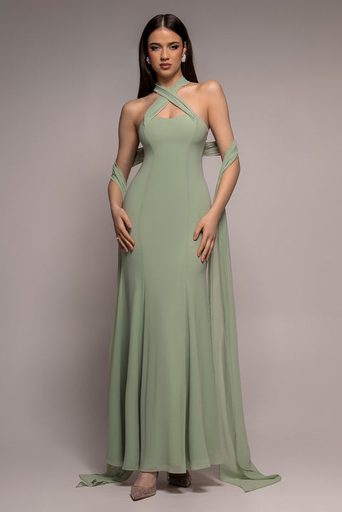 Multiway Cape Chiffon Sweetheart Maxi Dress - Sage Green by Goddiva