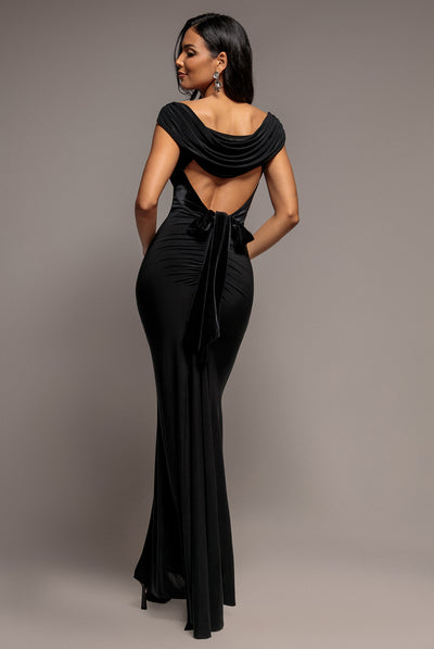 Black - Open Back Cowl Neck Gathered Maxi Dress With Velvet Tie Back - Black by Goddiva