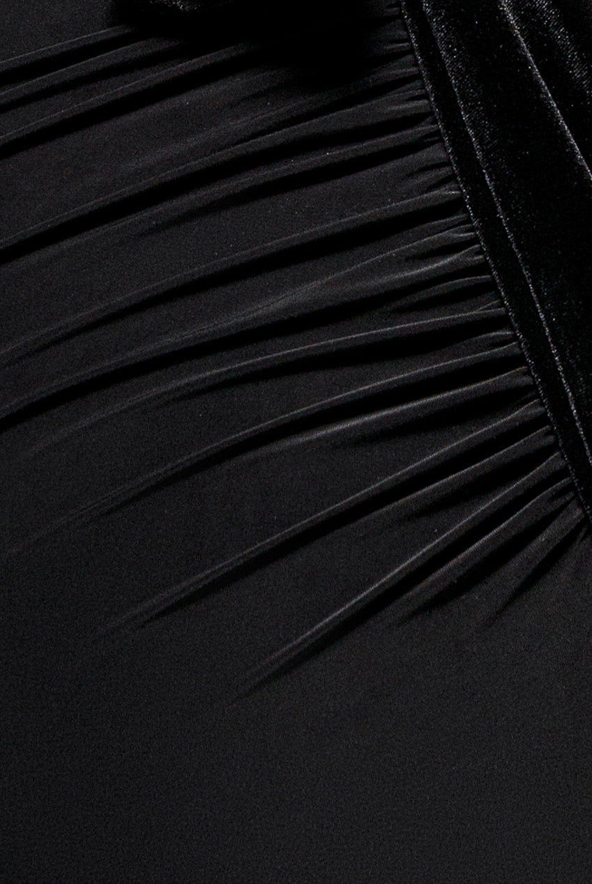 Open Back Cowl Neck Gathered Maxi Dress With Velvet Tie Back - Black DR4856